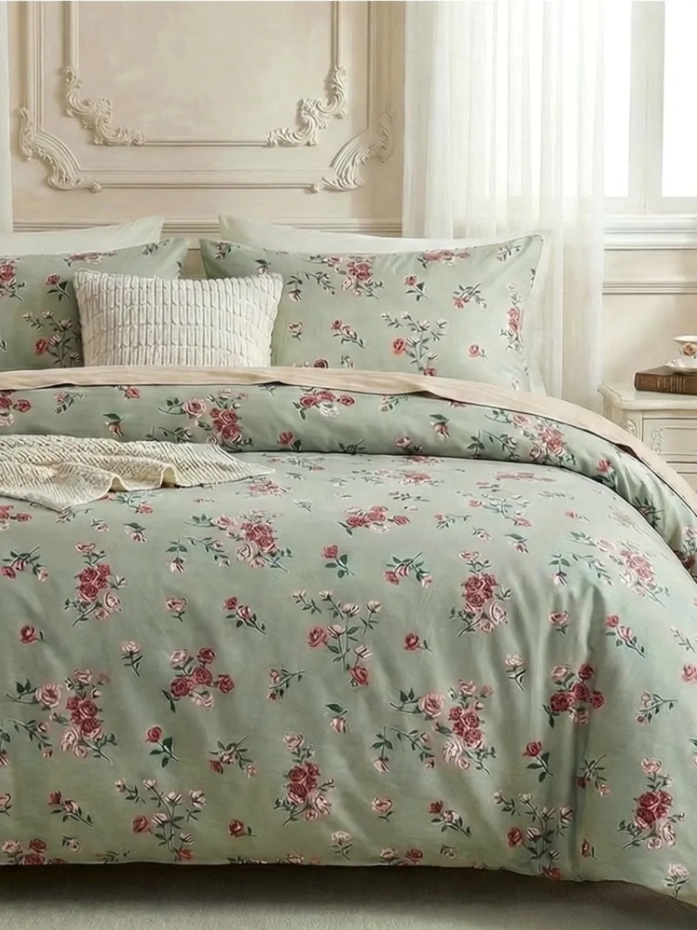 Floral Pastel Duvet Cover on a Light Moss Background with Pink-Coral Piping